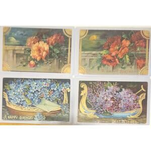 Lot Of Four Vintage Antique Embossed Postcards Flowers Birthday Boats